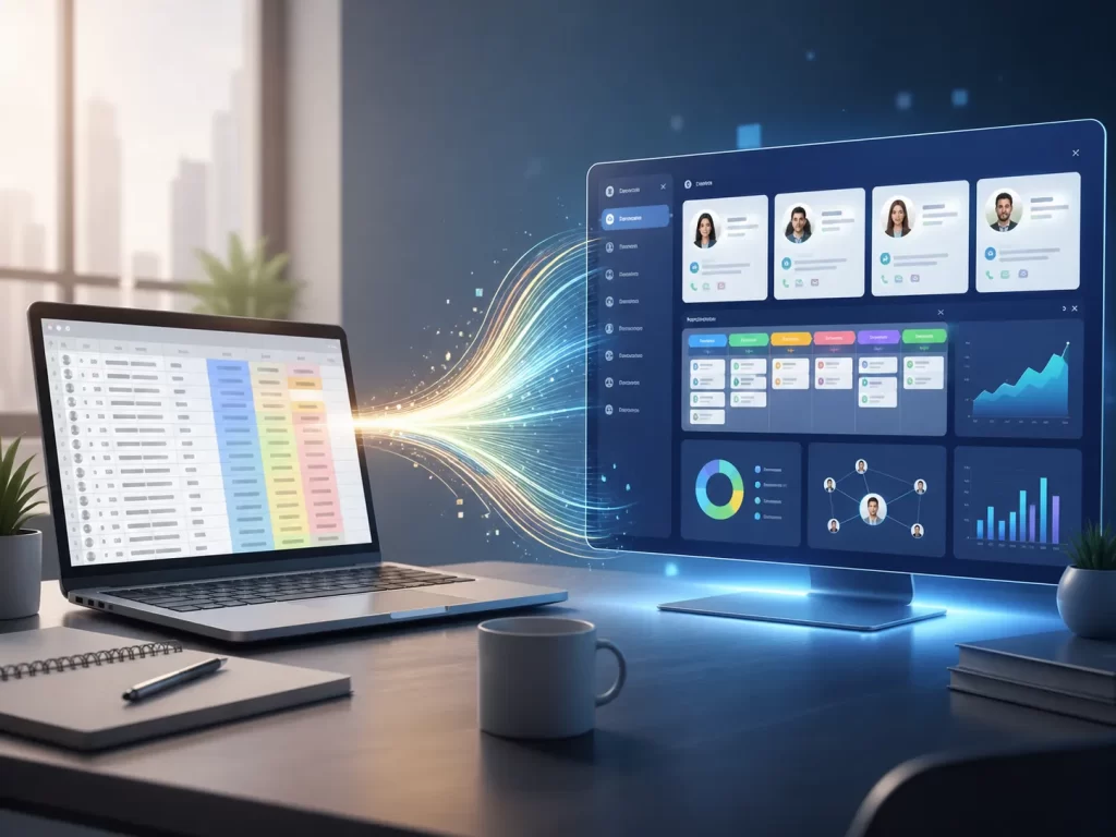 Een visuele overgang van een eenvoudige spreadsheet naar een modern CRM-dashboard voor slimmer klantbeheer.