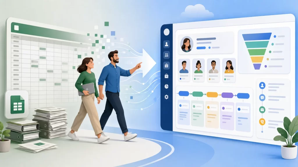 Een moderne illustratie van kleine ondernemers die overstappen van spreadsheets naar een overzichtelijk CRM-systeem.