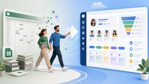 Een moderne illustratie van kleine ondernemers die overstappen van spreadsheets naar een overzichtelijk CRM-systeem.