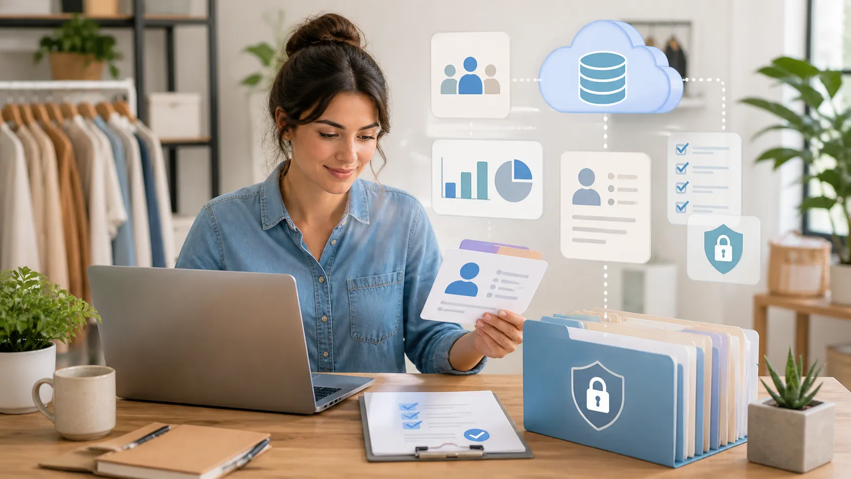 Een kleine ondernemer organiseert klantinformatie veilig en efficiënt met digitale tools en overzichtelijke dossiers.