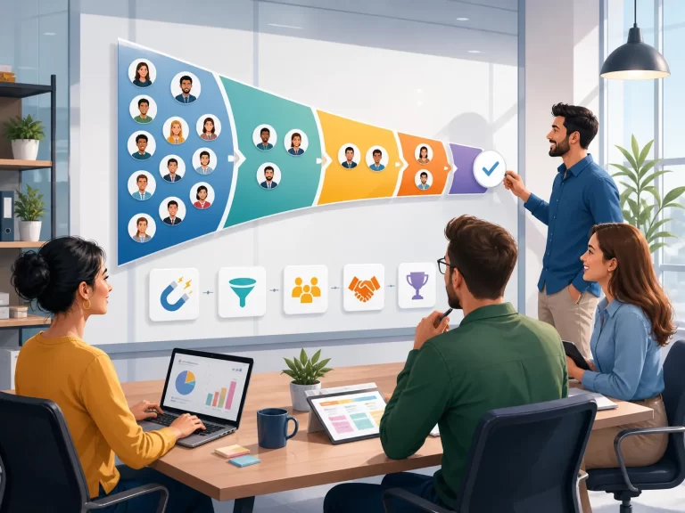 Een modern teamvisualisatie van een gestructureerde verkoopfunnel, van leads tot succesvolle deals.