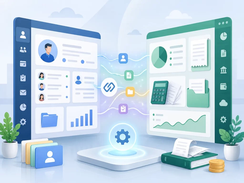 Een moderne visualisatie van CRM- en boekhoudsoftware die naadloos samenwerken voor minder dubbel werk en meer overzicht.