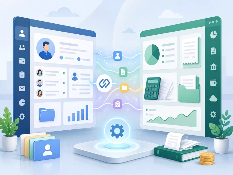 Een moderne visualisatie van CRM- en boekhoudsoftware die naadloos samenwerken voor minder dubbel werk en meer overzicht.