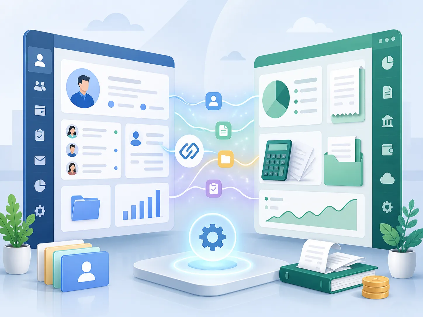 Een moderne visualisatie van CRM- en boekhoudsoftware die naadloos samenwerken voor minder dubbel werk en meer overzicht.