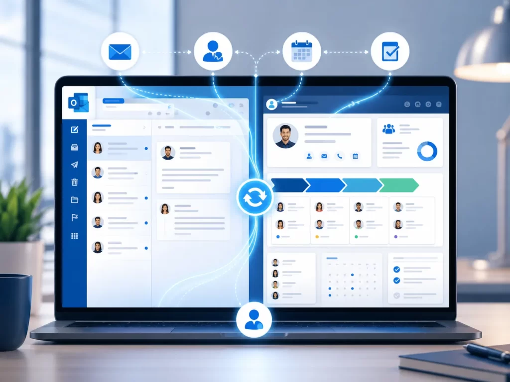 Een moderne visualisatie van e-mail, klantgegevens, agenda en taken die samenkomen in één overzichtelijk CRM-systeem.