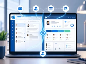 Een moderne visualisatie van e-mail, klantgegevens, agenda en taken die samenkomen in één overzichtelijk CRM-systeem.