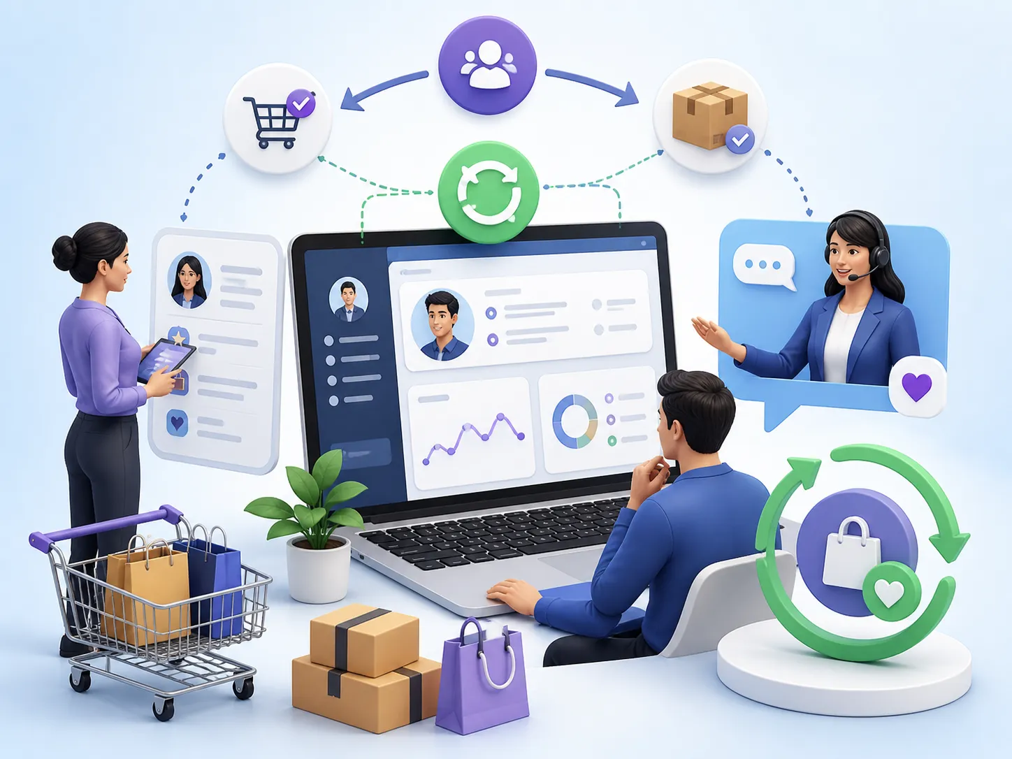 Een moderne webshop-CRM die klantdata, service en herhaalaankopen overzichtelijk samenbrengt.