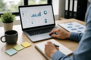 Home Praktische werkplek met laptop en planning voor een gestructureerde CRM-aanpak in een klein bedrijf.