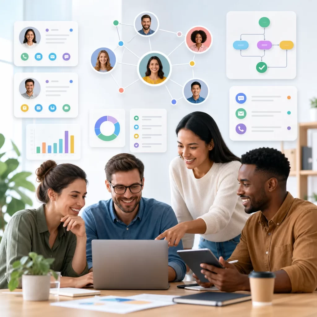 Een modern team werkt samen met digitale klantgegevens, communicatie en workflows om klantrelaties efficiënt te beheren.