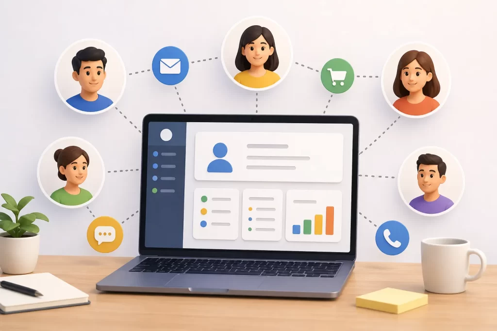 Een eenvoudige illustratie van een digitaal CRM-dashboard dat klantcontacten, berichten en verkoopinformatie overzichtelijk verbindt.