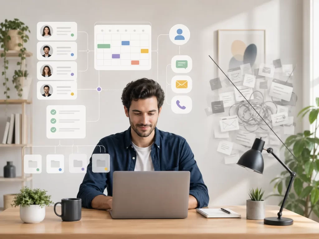 Een zelfstandige werkt rustig met een overzichtelijk CRM-systeem dat klantbeheer, planning en communicatie netjes samenbrengt.