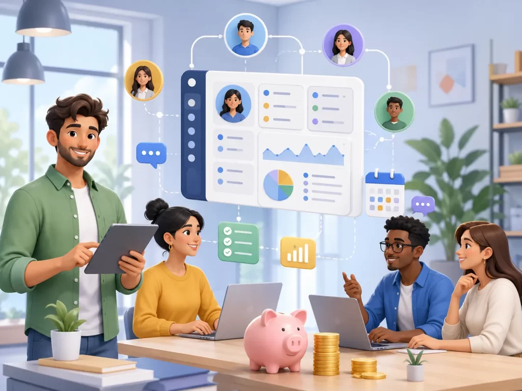 Een moderne illustratie van een klein team dat klantrelaties beheert met een gebruiksvriendelijk en voordelig CRM-systeem.