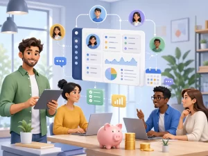 Een moderne illustratie van een klein team dat klantrelaties beheert met een gebruiksvriendelijk en voordelig CRM-systeem.