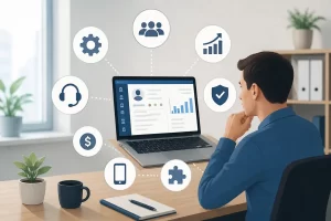 Een ondernemer vergelijkt digitale CRM-oplossingen om klantbeheer overzichtelijker en efficiënter te maken.