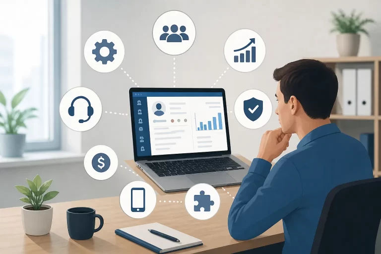 Een ondernemer vergelijkt digitale CRM-oplossingen om klantbeheer overzichtelijker en efficiënter te maken.
