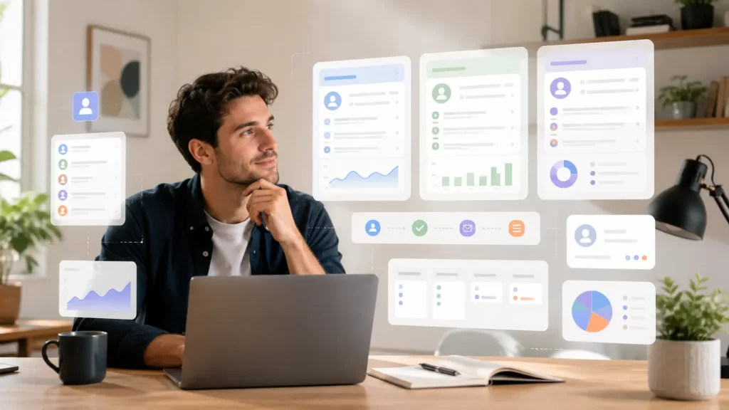 Freelancer vergelijkt overzichtelijke CRM-dashboards in een moderne thuiswerkplek.