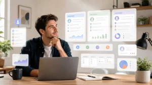 Freelancer vergelijkt overzichtelijke CRM-dashboards in een moderne thuiswerkplek.