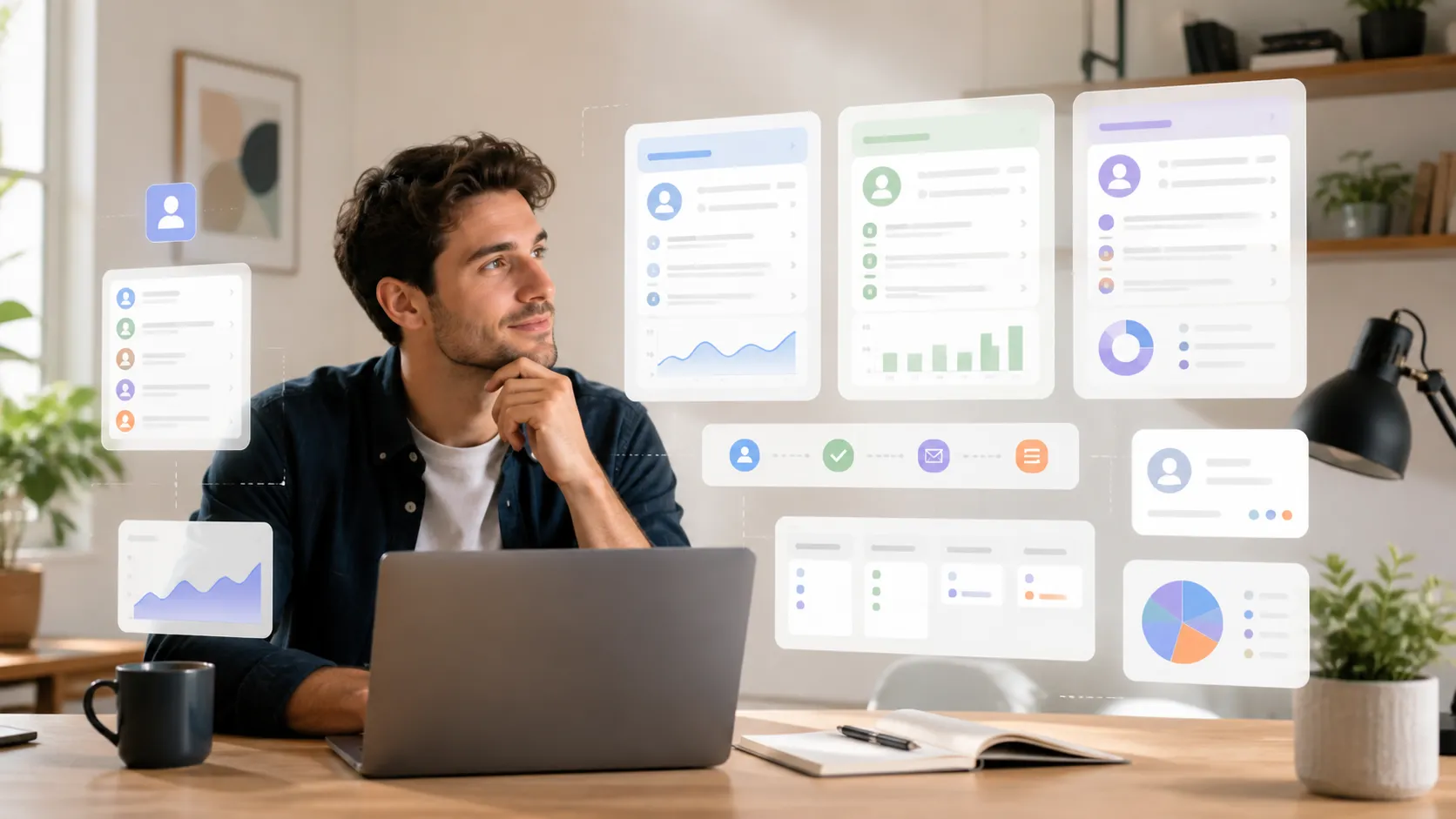 Freelancer vergelijkt overzichtelijke CRM-dashboards in een moderne thuiswerkplek.
