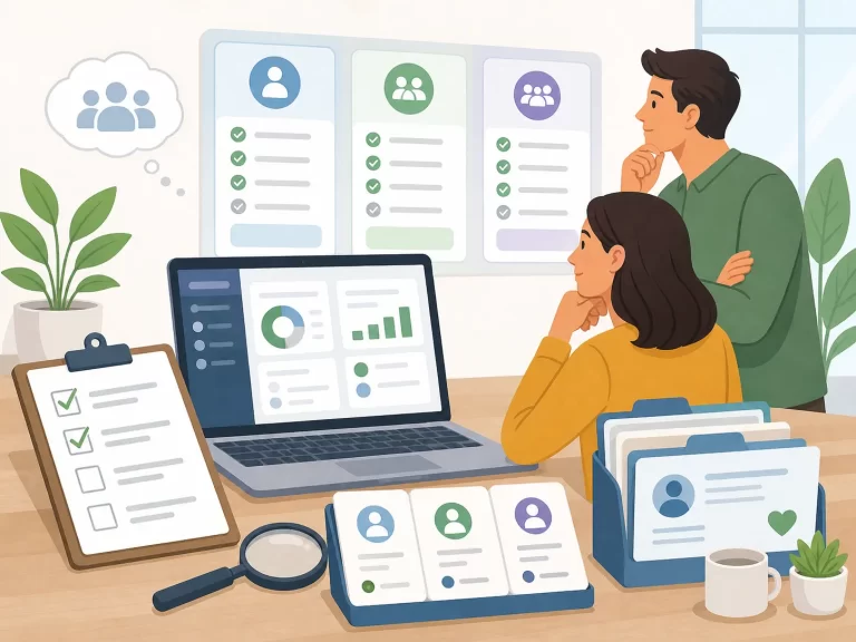 Een kleine ondernemer vergelijkt CRM-opties met checklists, klantkaarten en dashboards om de beste keuze te maken.